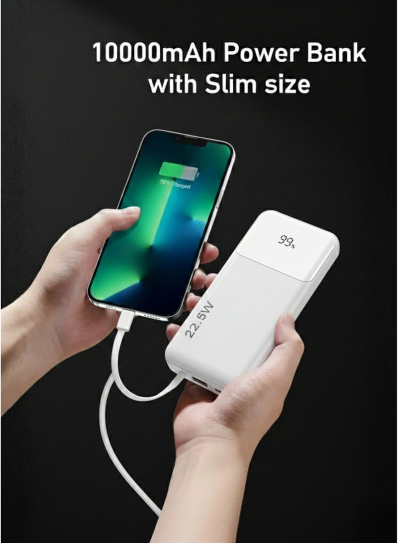 Levino Power Bank 10000mAh 22.5W Fast Charging, Flight Approved Lightweight Portable Powerbank with 4 Built-in Cables (USB, Type-C, Lightning, Mini USB), 2 USB + Type-C Port, Overheat Protection & Auto Charging Stop, Universal Fast Charger – White - Image 3